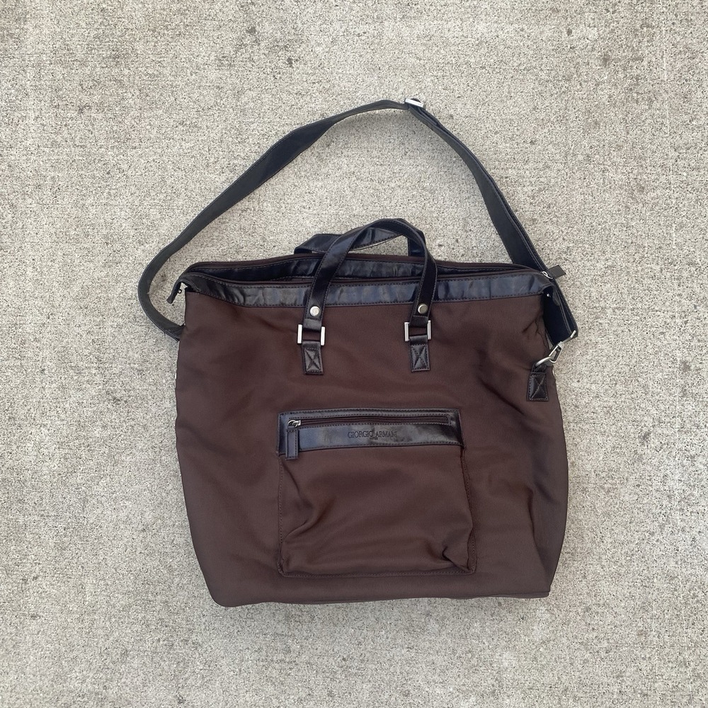 Giorgio Armani Travel Tote Bag Large Brown Canvas & Leather Trim Large